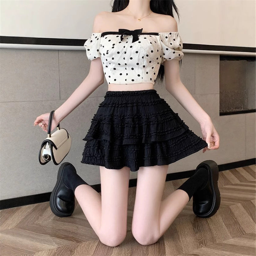 Summer New Ballet Style Sweet Loli Lace Skirt Women’s High Waist Slimming Niche Fluffy Half Skirt - Black / S