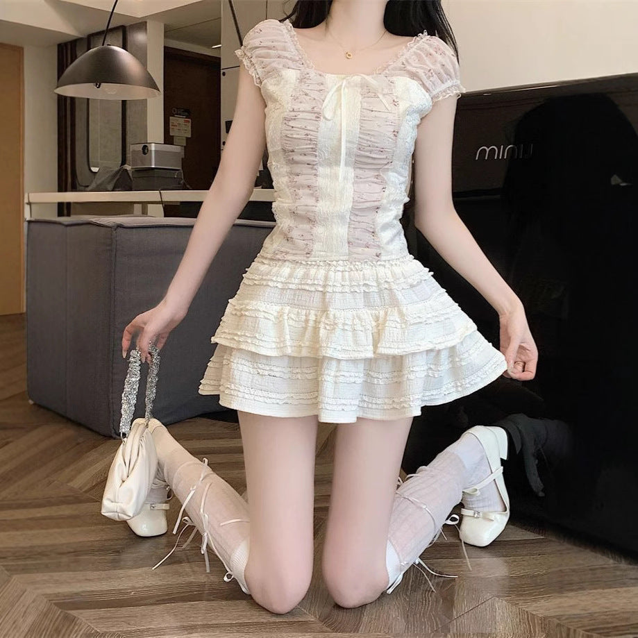 Summer New Ballet Style Sweet Loli Lace Skirt Women’s High Waist Slimming Niche Fluffy Half Skirt - Khaki / S