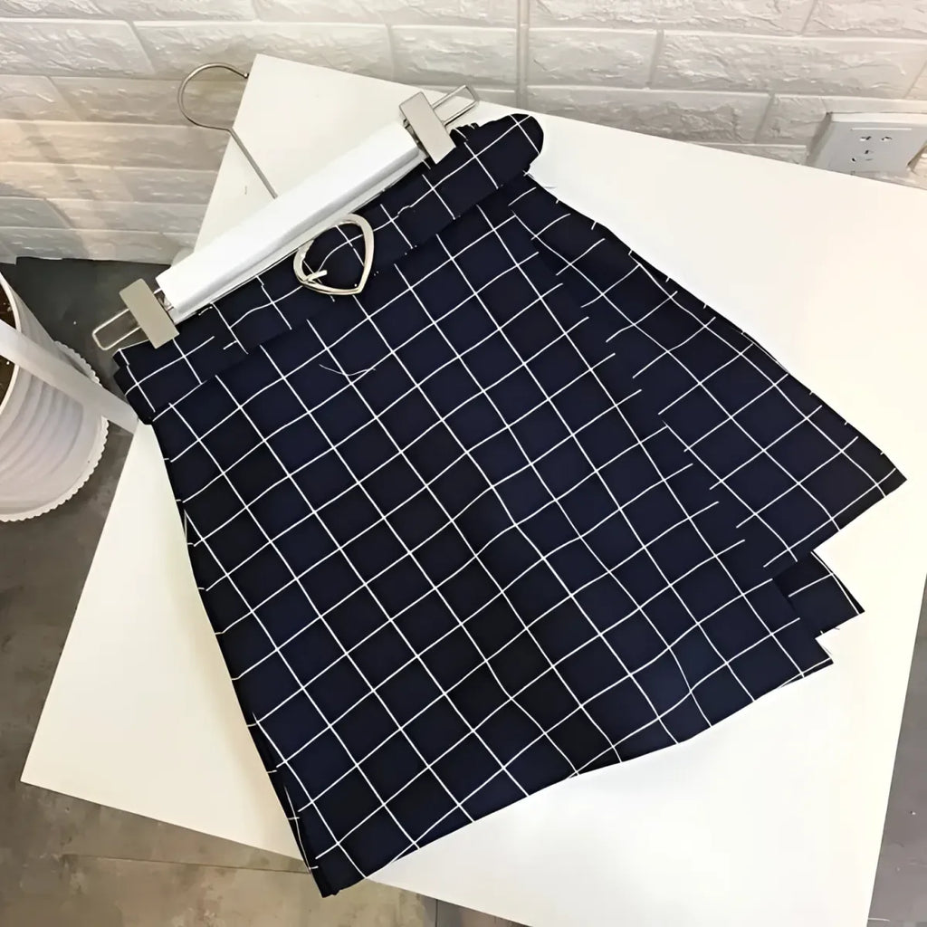High Waist Plaid A-Line Mini Skirt with Heart Buckle - Blue / S - A-Line Mini Skirt