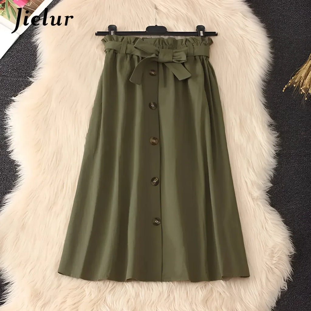High Waist Pleated A-Line Skirt Knee Length Button Front - Green / One Size - Pleated Skirt