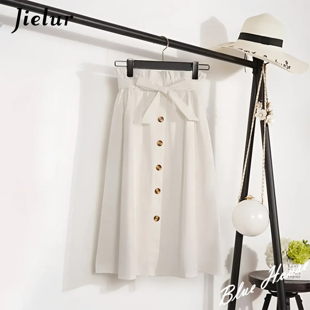High Waist Pleated A-Line Skirt Knee Length Button Front - White / One Size - Pleated Skirt