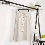 High Waist Pleated A-Line Skirt Knee Length Button Front - White / One Size - Pleated Skirt