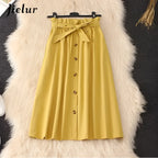High Waist Pleated A-Line Skirt Knee Length Button Front - Yellow / One Size - Pleated Skirt