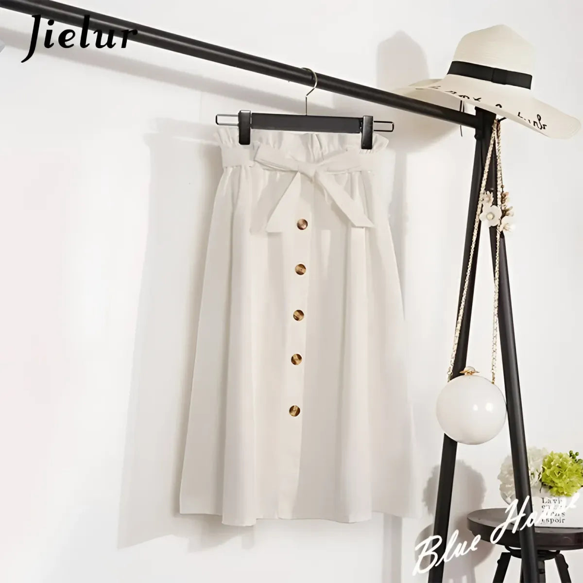 High Waist Pleated A-Line Skirt Knee Length Button Front