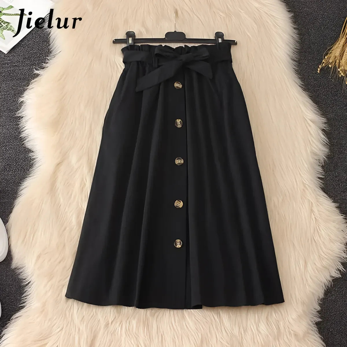 High Waist Pleated A-Line Skirt Knee Length Button Front