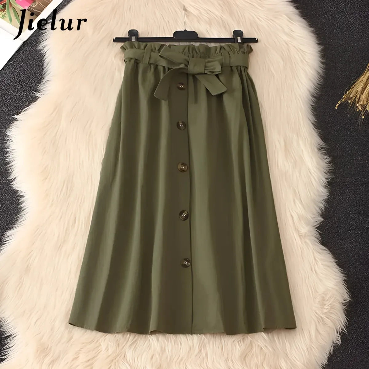 High Waist Pleated A-Line Skirt Knee Length Button Front