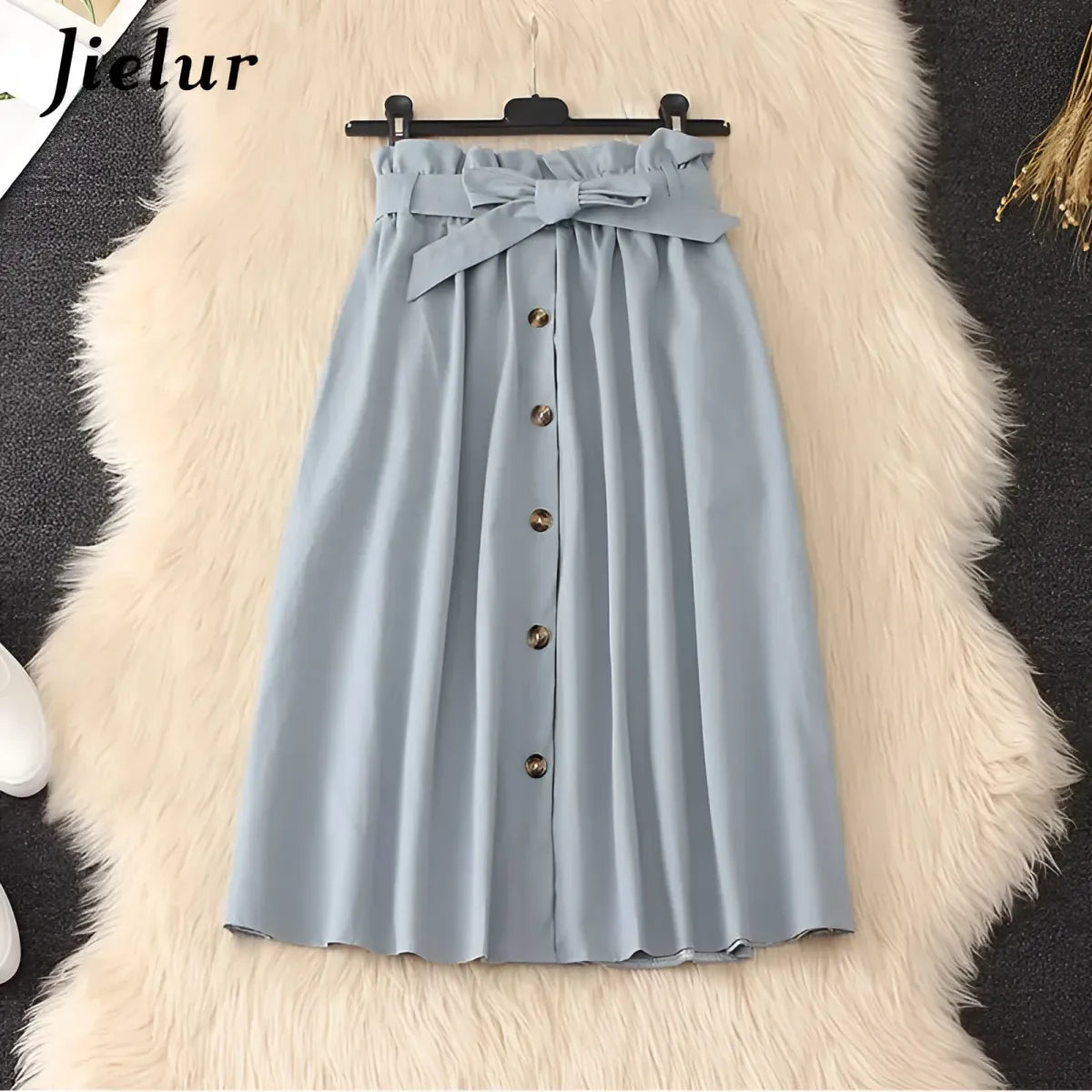 High Waist Pleated A-Line Skirt Knee Length Button Front