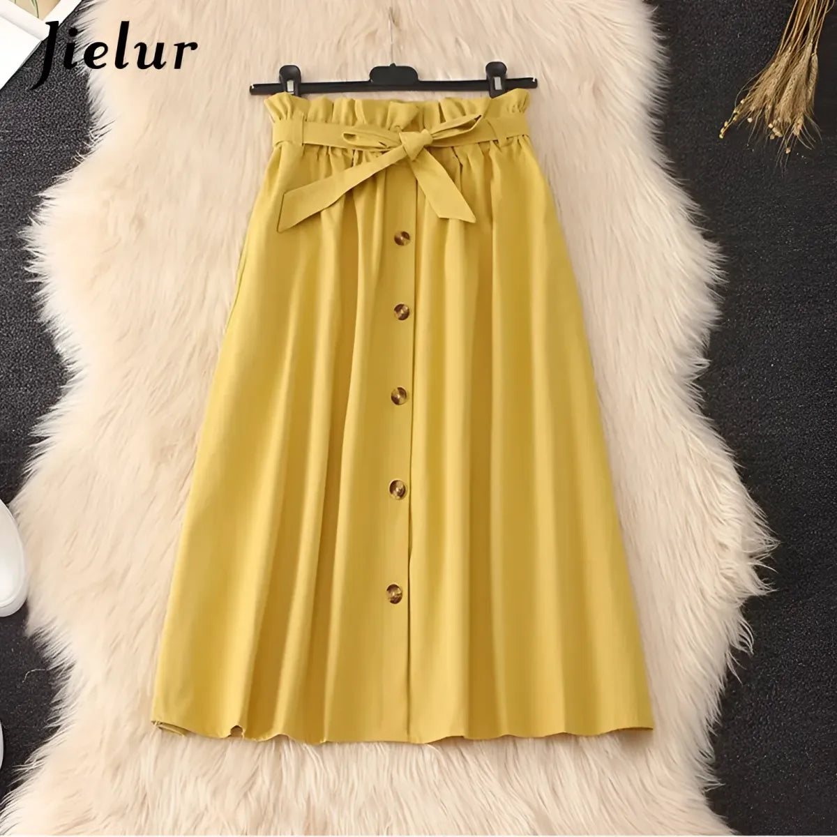 High Waist Pleated A-Line Skirt Knee Length Button Front