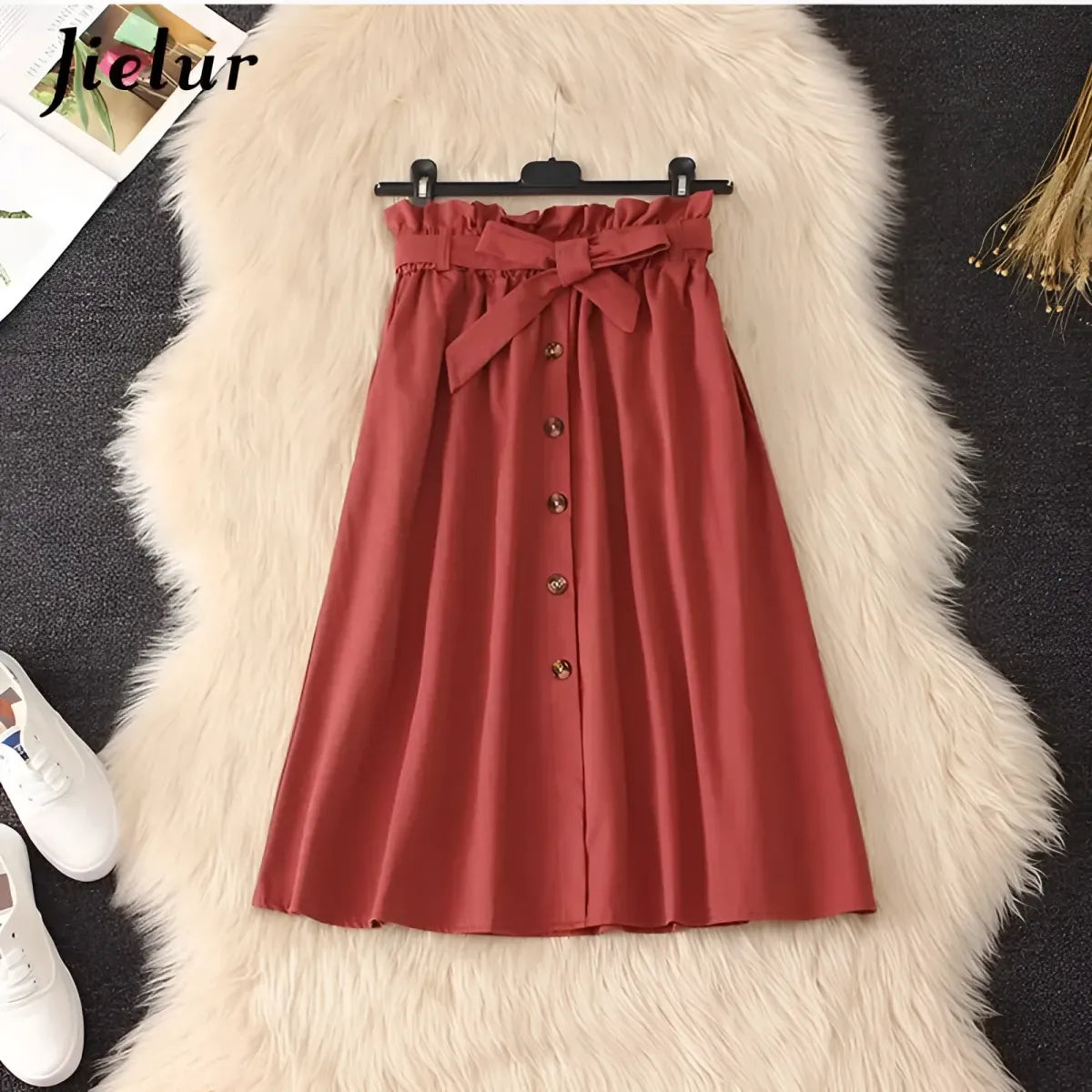 High Waist Pleated A-Line Skirt Knee Length Button Front