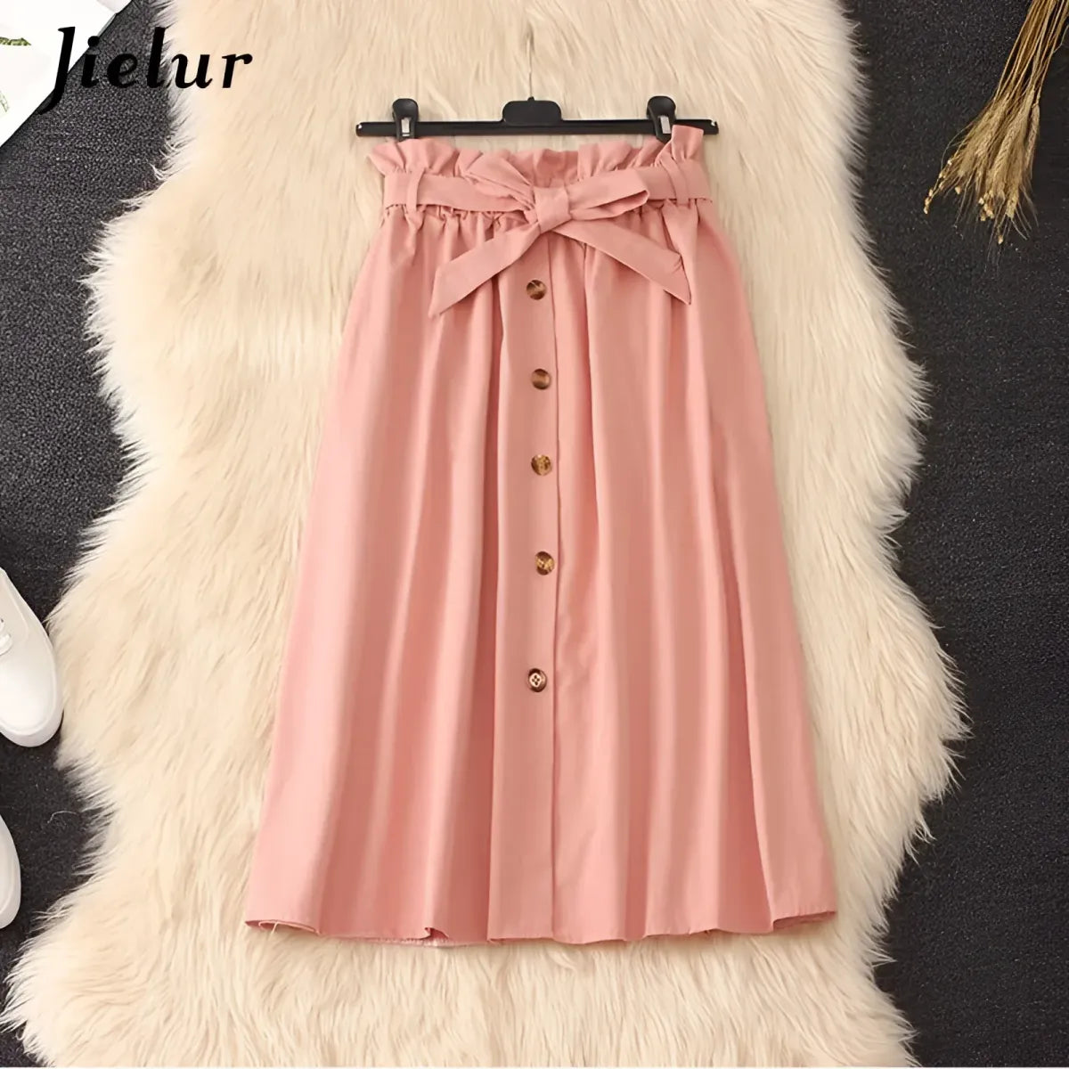 High Waist Pleated A-Line Skirt Knee Length Button Front