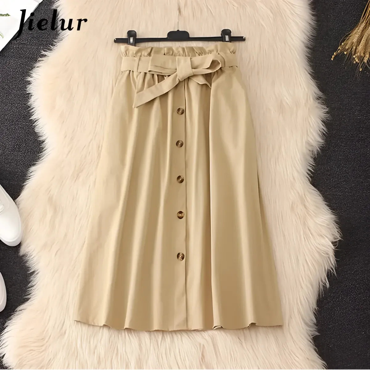 High Waist Pleated A-Line Skirt Knee Length Button Front