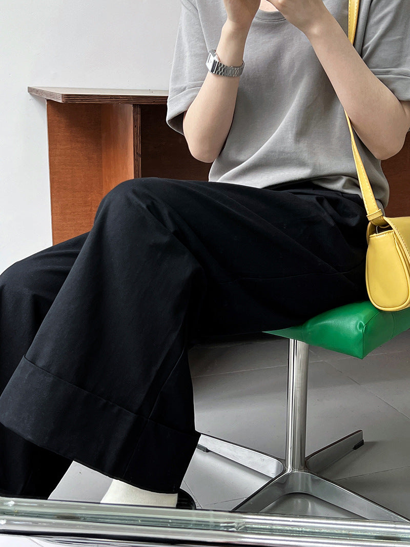 Luxi Big Pant Leg ~ Washed Cotton Pants Pants Women’s Summer Slim Flesh Covering Casual Curled Wide Leg Pants 1929