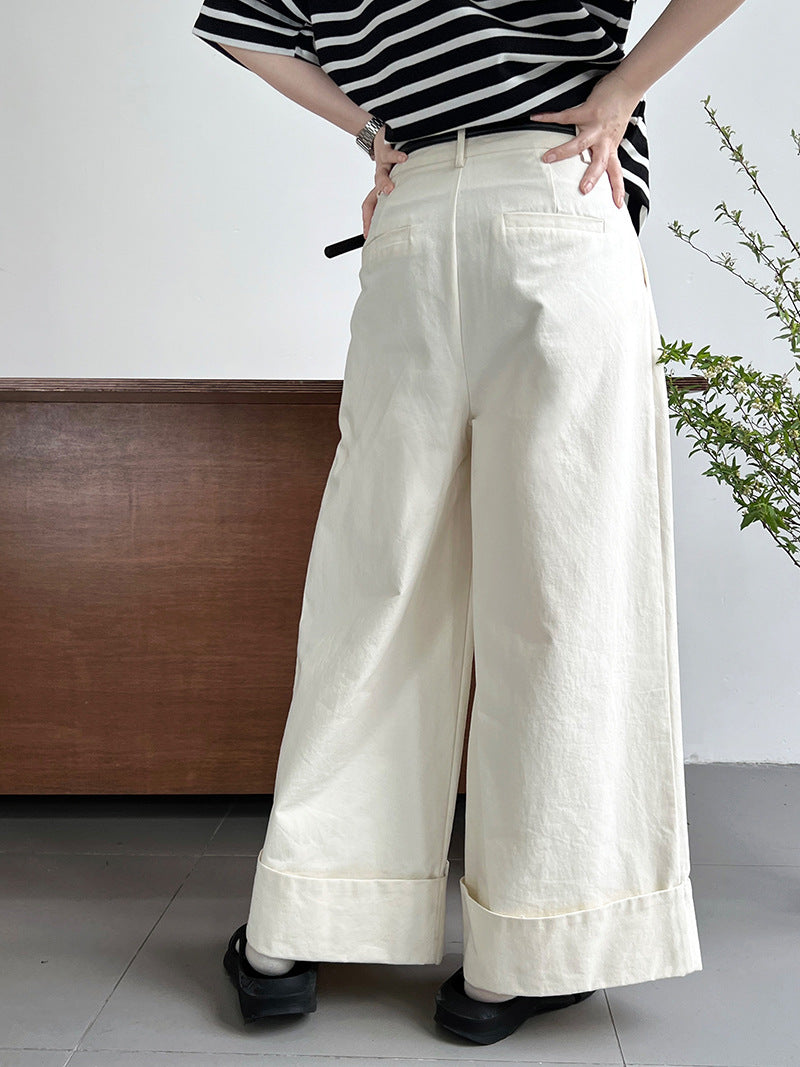 Luxi Big Pant Leg ~ Washed Cotton Pants Pants Women’s Summer Slim Flesh Covering Casual Curled Wide Leg Pants 1929