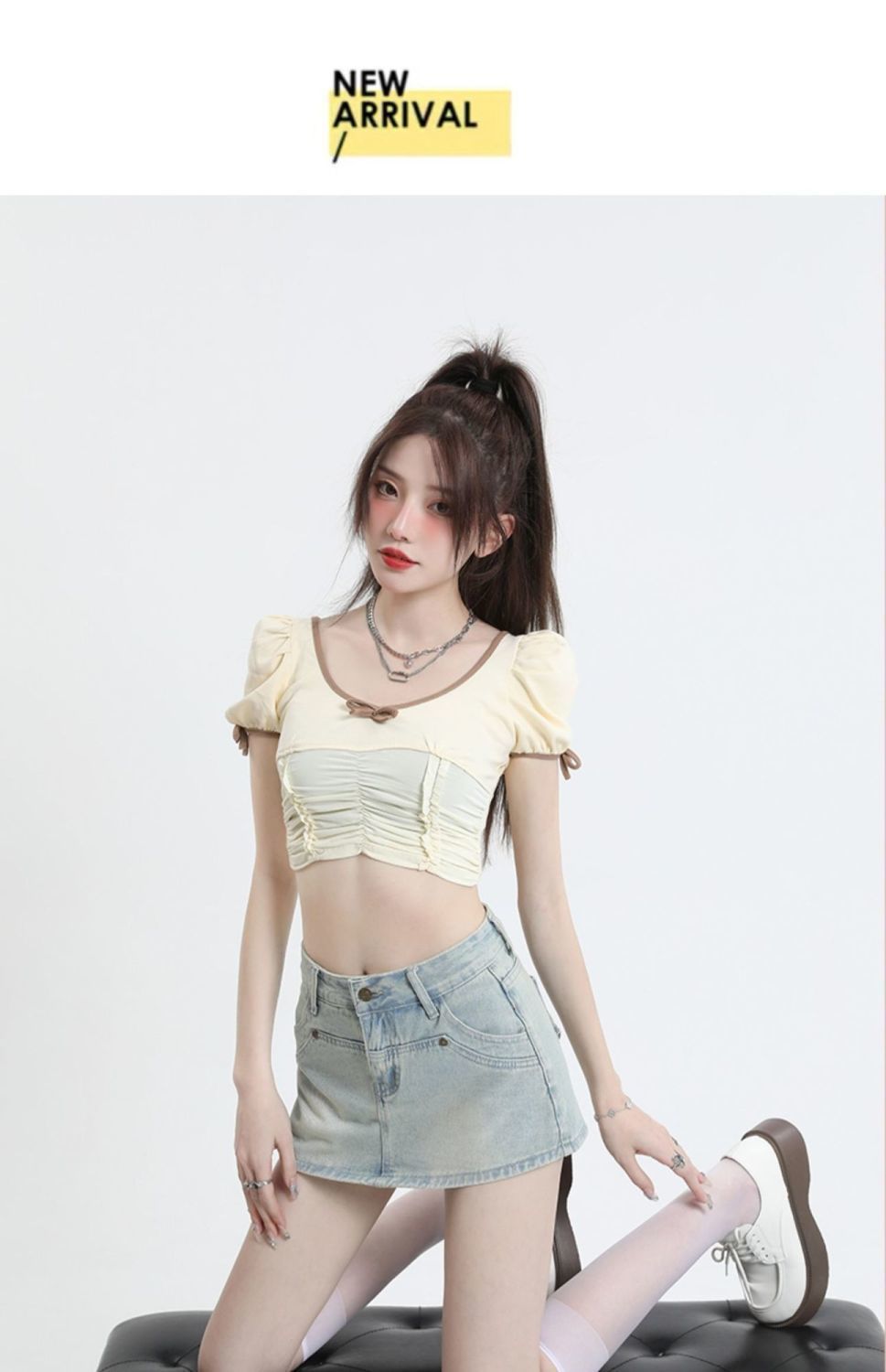 High-Waisted Denim Overlap Skort - kawaii-inspired outfit in pastel colors - 82355532