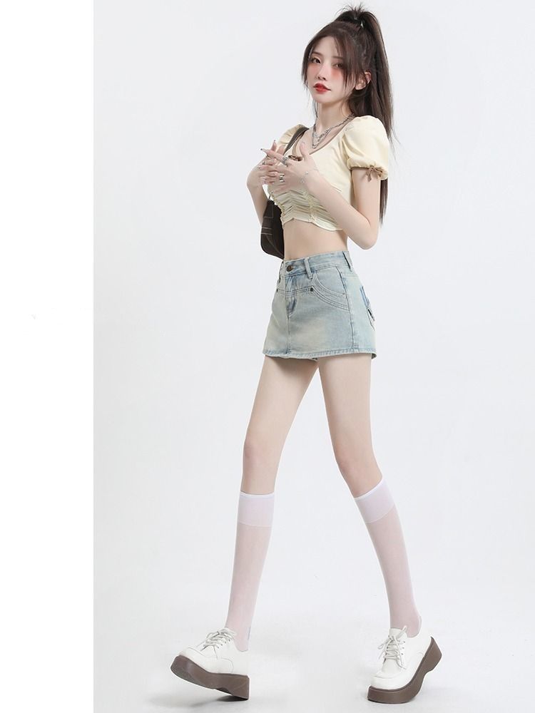 High-Waisted Denim Overlap Skort - kawaii-inspired outfit in pastel colors - 17769217