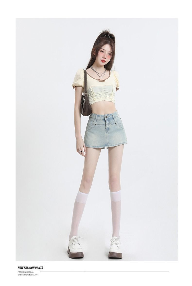 High-Waisted Denim Overlap Skort - kawaii-inspired outfit in pastel colors - 87352800