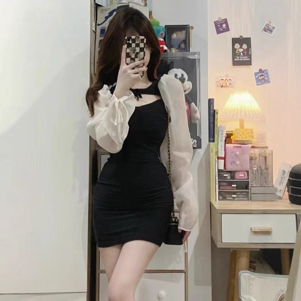 French Style Hepburn Style Hot Girls Black dress Women’s Autumn Design Sense Chic Hollow Out Sexy Tight Waist Hip Skirt