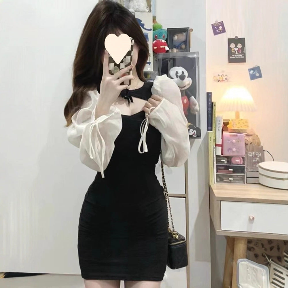 French Style Hepburn Style Hot Girls Black dress Women’s Autumn Design Sense Chic Hollow Out Sexy Tight Waist Hip Skirt