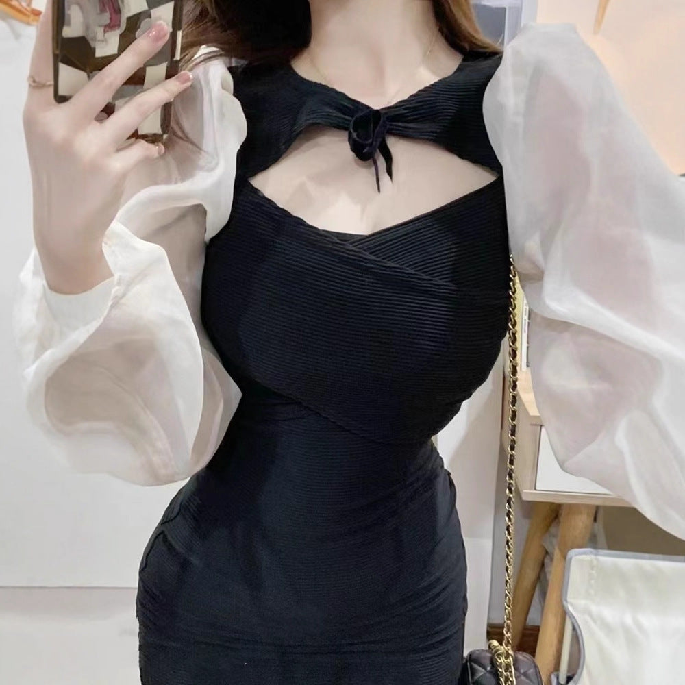 French Style Hepburn Style Hot Girls Black dress Women’s Autumn Design Sense Chic Hollow Out Sexy Tight Waist Hip Skirt