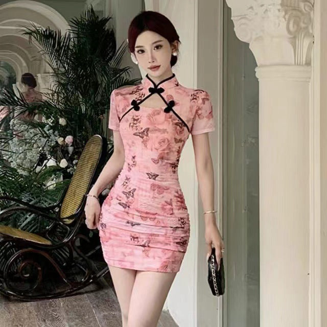 New Chinese Style French-Style Hollow-Out Sexy Improved Version High-End Elegant Cheongsam Dress