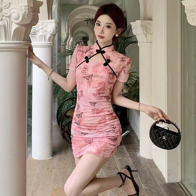 New Chinese Style French-Style Hollow-Out Sexy Improved Version High-End Elegant Cheongsam Dress