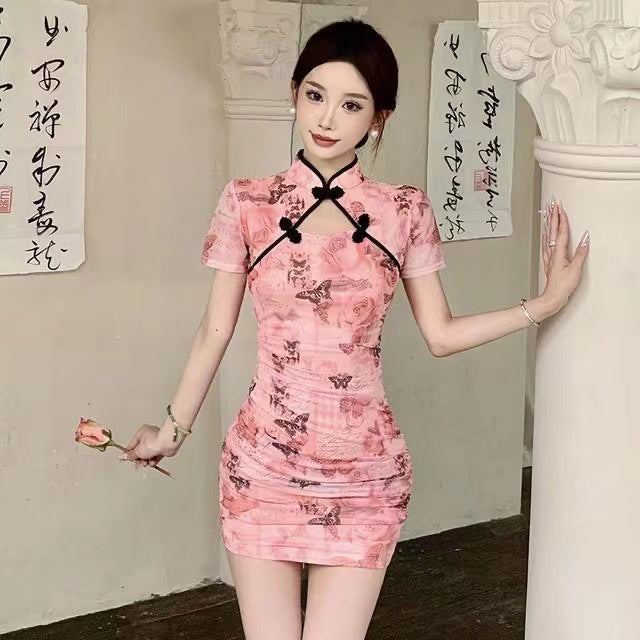 New Chinese Style French-Style Hollow-Out Sexy Improved Version High-End Elegant Cheongsam Dress