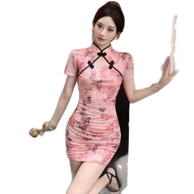 New Chinese Style French-Style Hollow-Out Sexy Improved Version High-End Elegant Cheongsam Dress