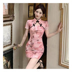 New Chinese Style French-Style Hollow-Out Sexy Improved Version High-End Elegant Cheongsam Dress - Pink / S