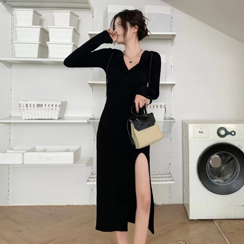 Spring New Spice Girls Lazy Style Split Leg Shown Long Hooded Dress Women’s Mid-length Slim-fit Base Sweatshirt Dress
