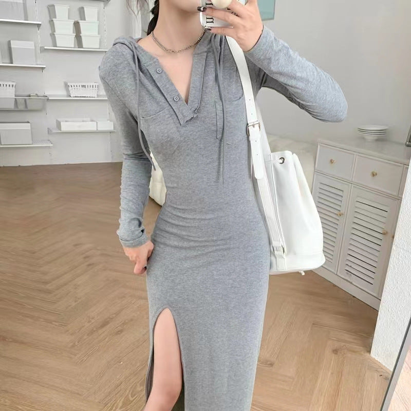 Spring New Spice Girls Lazy Style Split Leg Shown Long Hooded Dress Women’s Mid-length Slim-fit Base Sweatshirt Dress