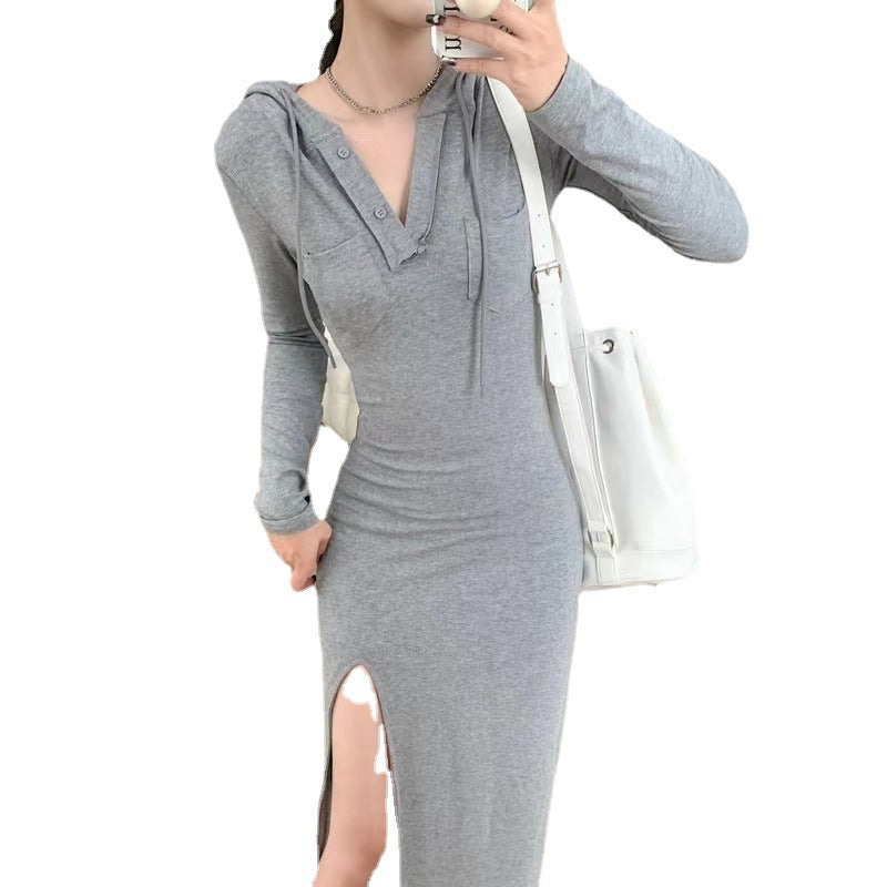 Spring New Spice Girls Lazy Style Split Leg Shown Long Hooded Dress Women’s Mid-length Slim-fit Base Sweatshirt Dress