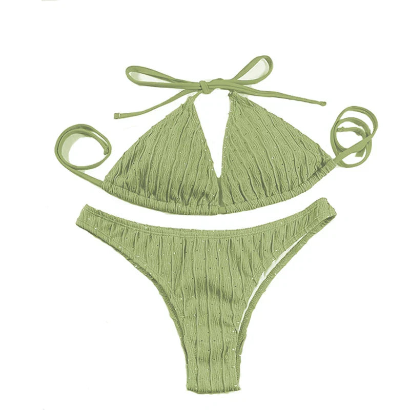 Sexy 2025 Jacquard Drawstring Two Piece Swimsuit Female Swimwear Women Bikini Set Bather Swimming Beachwear for Bathing