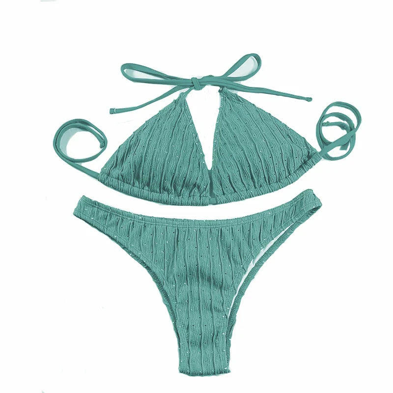 Sexy 2025 Jacquard Drawstring Two Piece Swimsuit Female Swimwear Women Bikini Set Bather Swimming Beachwear for Bathing