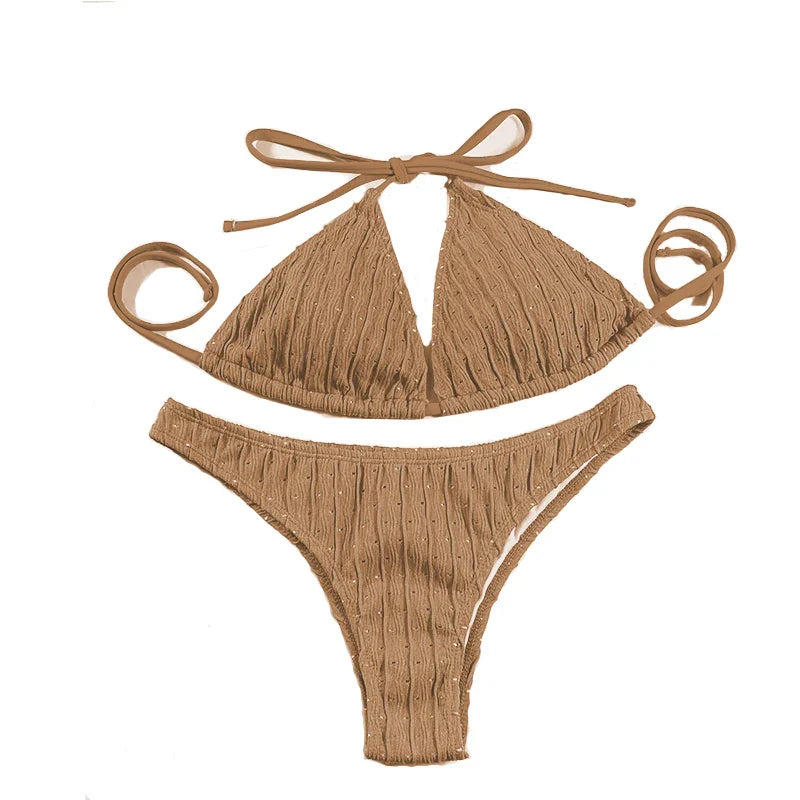 Sexy 2025 Jacquard Drawstring Two Piece Swimsuit Female Swimwear Women Bikini Set Bather Swimming Beachwear for Bathing