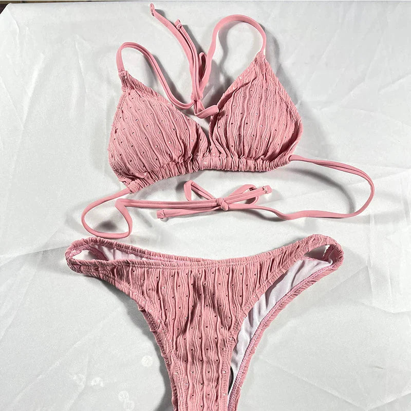 Sexy 2025 Jacquard Drawstring Two Piece Swimsuit Female Swimwear Women Bikini Set Bather Swimming Beachwear for Bathing