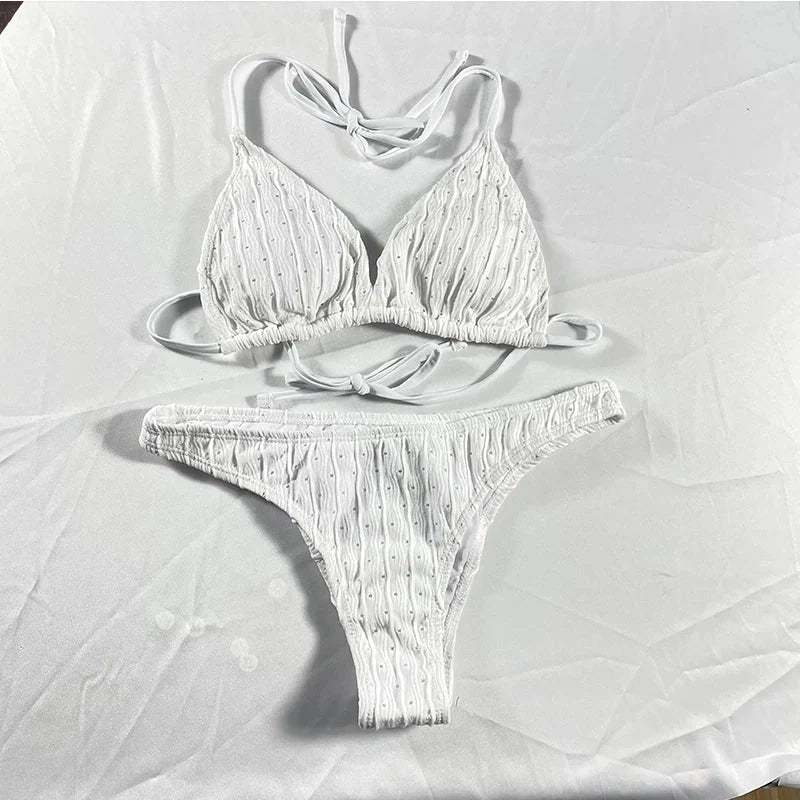 Sexy 2025 Jacquard Drawstring Two Piece Swimsuit Female Swimwear Women Bikini Set Bather Swimming Beachwear for Bathing