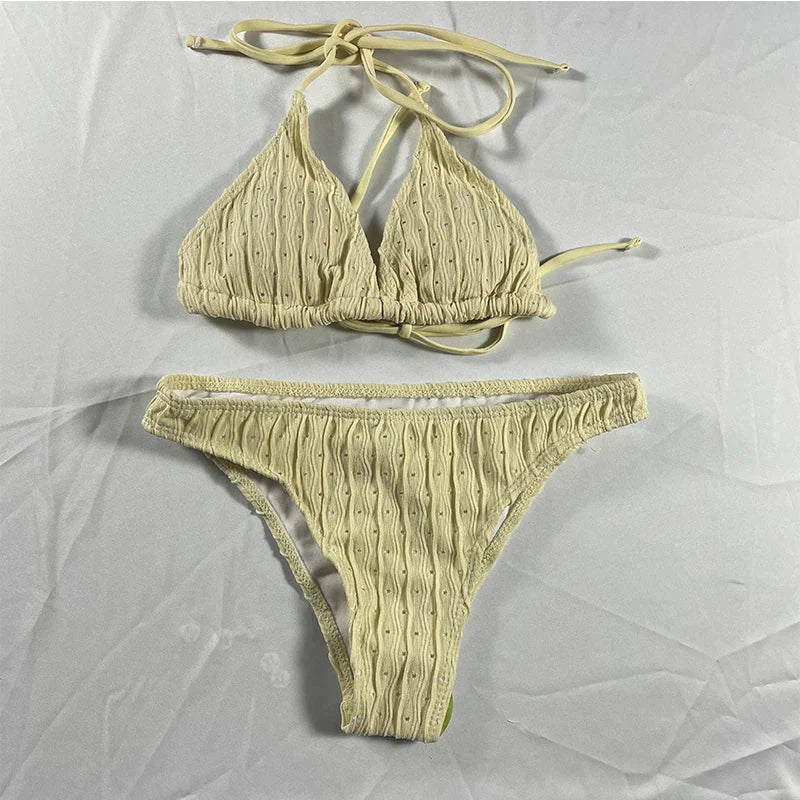 Sexy 2025 Jacquard Drawstring Two Piece Swimsuit Female Swimwear Women Bikini Set Bather Swimming Beachwear for Bathing