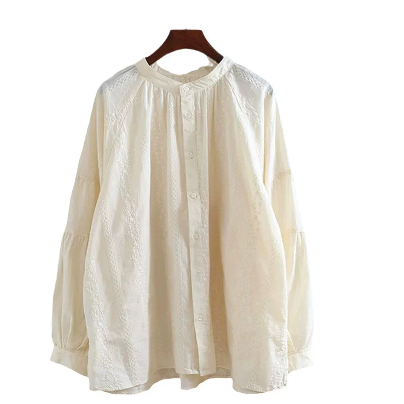 Jacquard Embroidery Balloon-Sleeve Blouse - kawaii-inspired outfit in pastel colors - 73915535