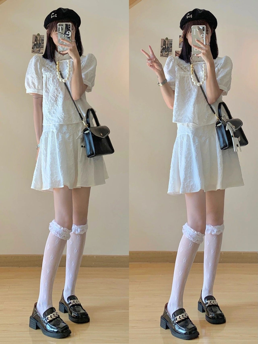 Pearl Trim Himecore Puff Sleeve Set - kawaii-inspired outfit in pastel colors - 90885728