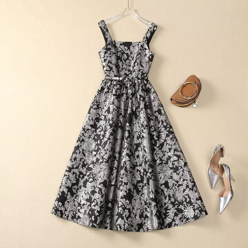 Star Same Style 2024 Spring and Summer New Women’s Clothes Jacquard Bronzing Waist Large Swing Celebrity Elegant Dress