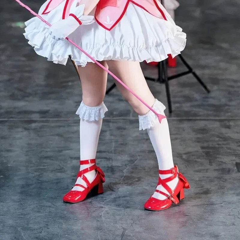 Anime Puella Magi Madoka Magica Kaname Madoka Cosplay Shoes Girls Lolita Red Bow High Heels Leather Boots Halloween