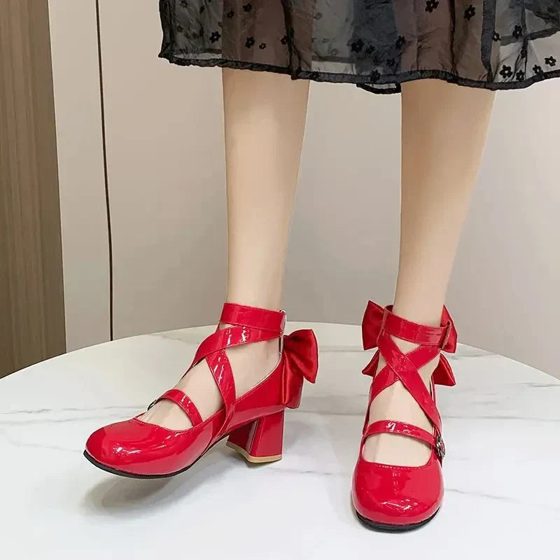 Anime Puella Magi Madoka Magica Kaname Madoka Cosplay Shoes Girls Lolita Red Bow High Heels Leather Boots Halloween
