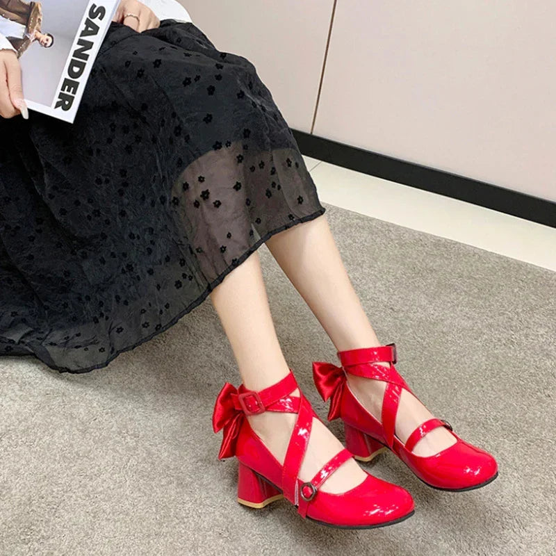 Anime Puella Magi Madoka Magica Kaname Madoka Cosplay Shoes Girls Lolita Red Bow High Heels Leather Boots Halloween