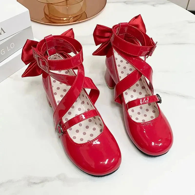 Anime Puella Magi Madoka Magica Kaname Madoka Cosplay Shoes Girls Lolita Red Bow High Heels Leather Boots Halloween