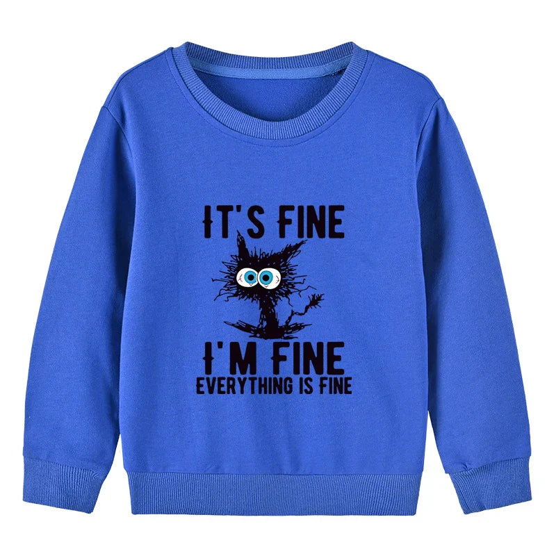Kids Basic Cotton Hoodies Cute Cat printd Tops New Spring/Autumn Sweatshirt Boy and Girl Funny Clothes - Blue