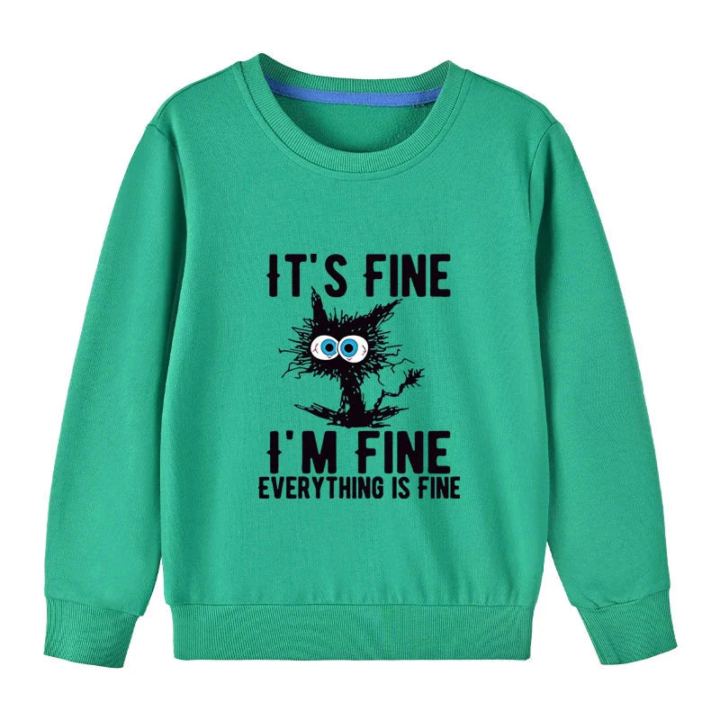Kids Basic Cotton Hoodies Cute Cat printd Tops New Spring/Autumn Sweatshirt Boy and Girl Funny Clothes - Green