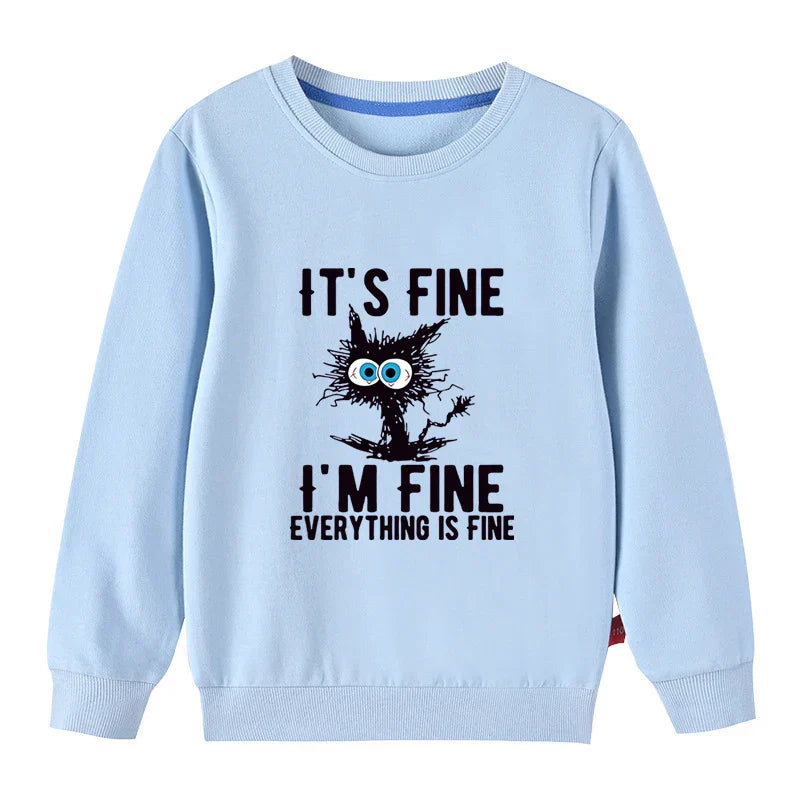 Kids Basic Cotton Hoodies Cute Cat printd Tops New Spring/Autumn Sweatshirt Boy and Girl Funny Clothes - Light Blue