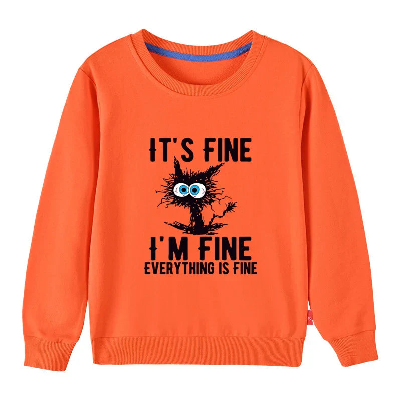 Kids Basic Cotton Hoodies Cute Cat printd Tops New Spring/Autumn Sweatshirt Boy and Girl Funny Clothes - Orange