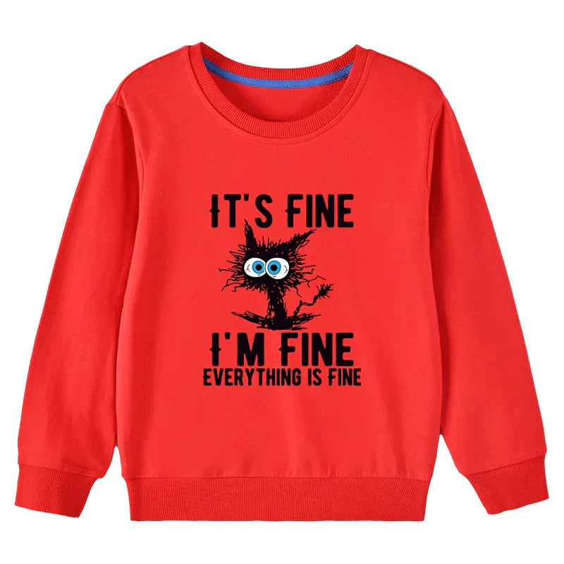 Kids Basic Cotton Hoodies Cute Cat printd Tops New Spring/Autumn Sweatshirt Boy and Girl Funny Clothes - Red
