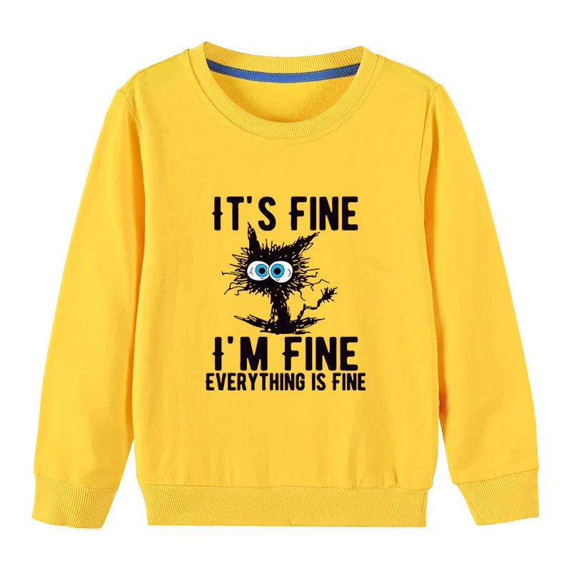 Kids Basic Cotton Hoodies Cute Cat printd Tops New Spring/Autumn Sweatshirt Boy and Girl Funny Clothes - Yellow